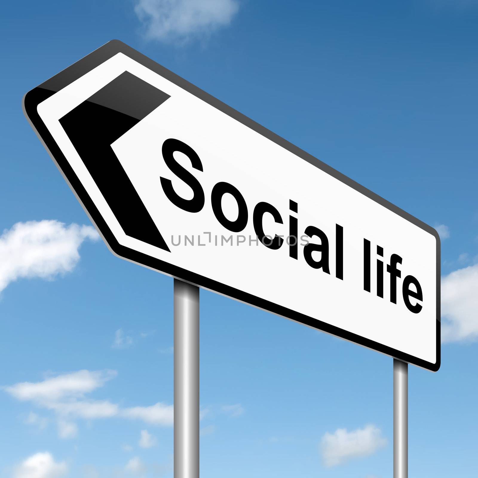Illustration depicting a roadsign with a social life concept. Blue sky background.