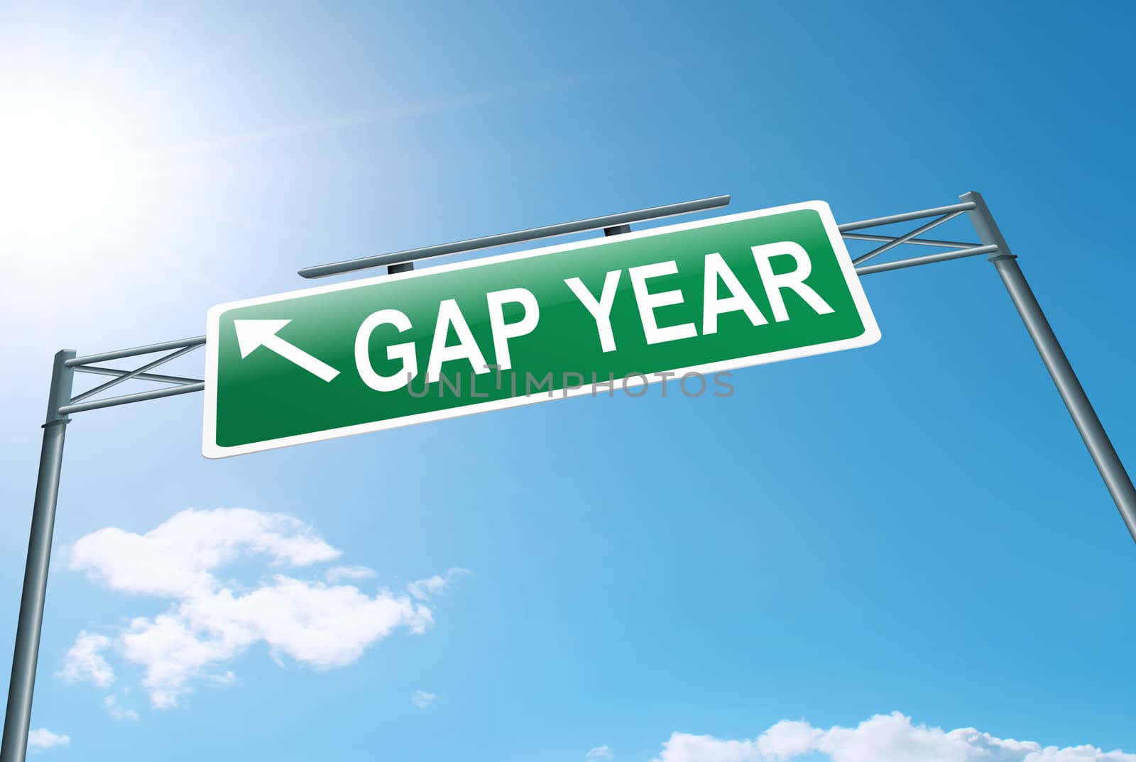 Illustration depicting a roadsign with a gap year concept. Blue sky background.