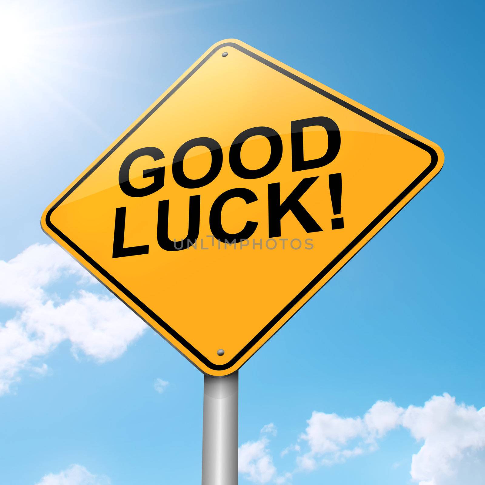 Illustration depicting a roadsign with a good luck concept. Blue sky background.