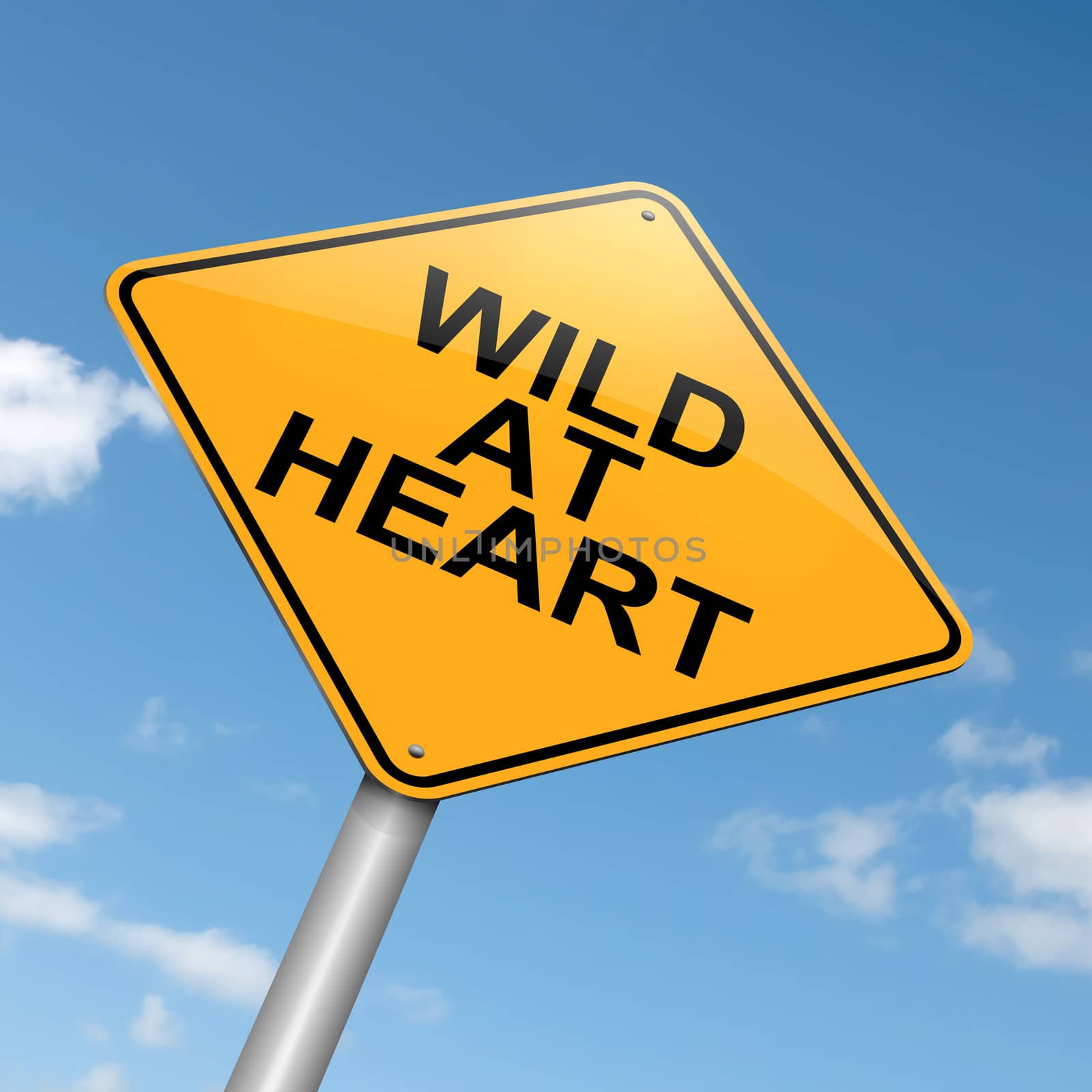 Illustration depicting a roadsign with a 'wild at heart' concept. Blue sky background.