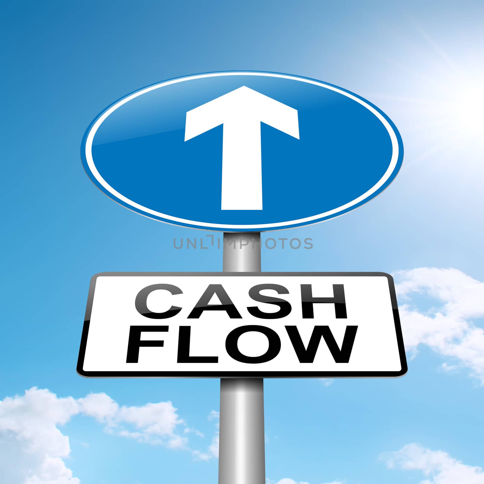 Illustration depicting a roadsign with a cash flow concept. Blue sky background.