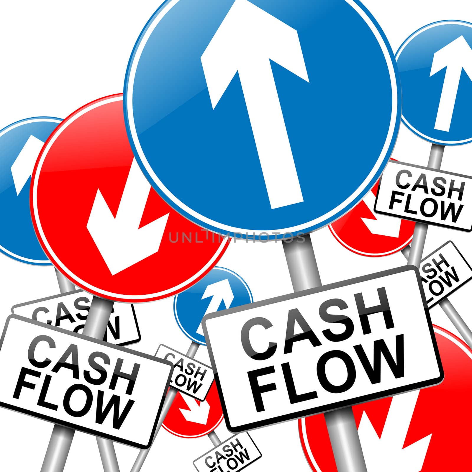 Illustration depicting many roadsigns with a cash flow concept. White background.