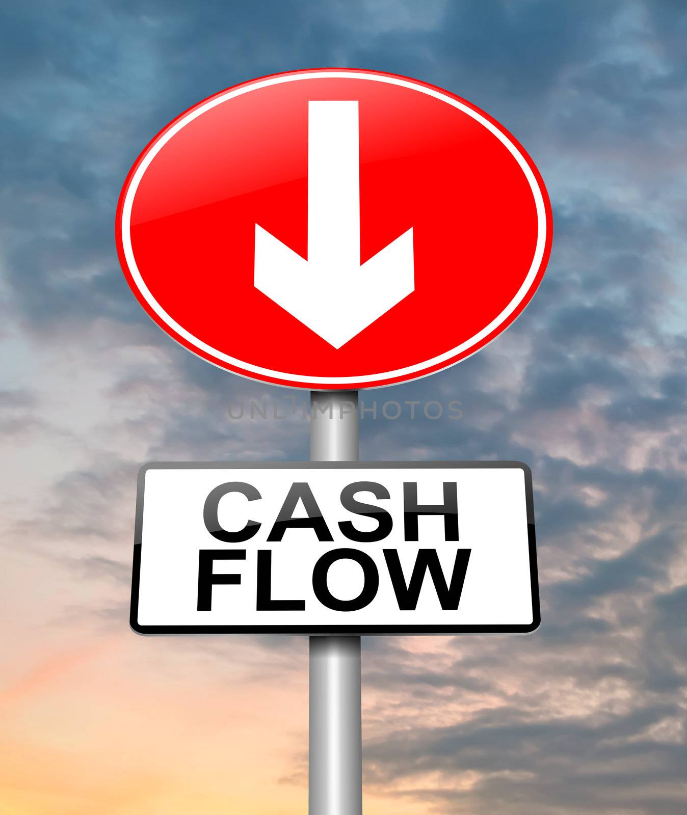 Illustration depicting a roadsign with a cash flow concept. Cloudy dusk sky background.