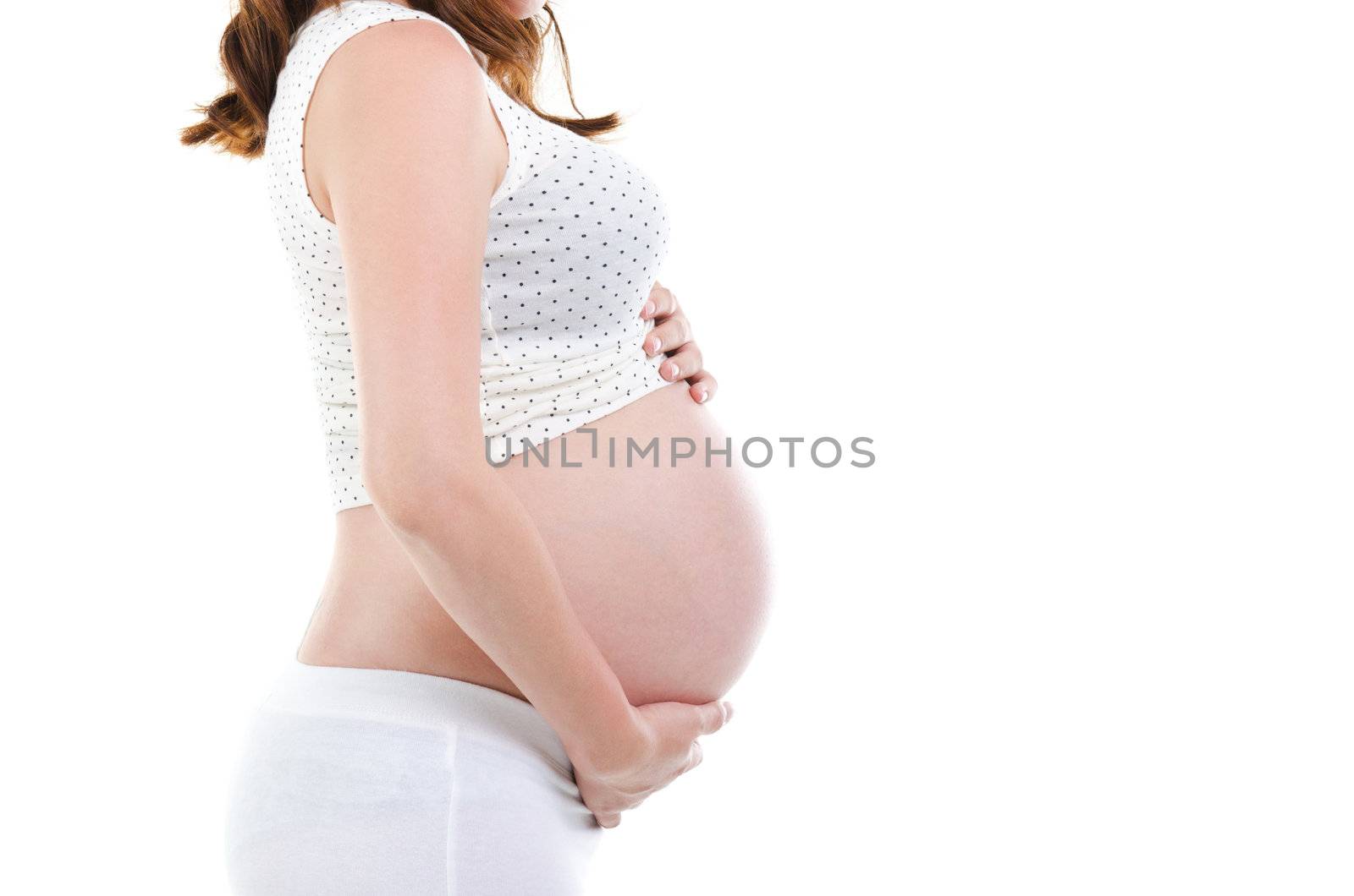 Pregnant lady side view over white