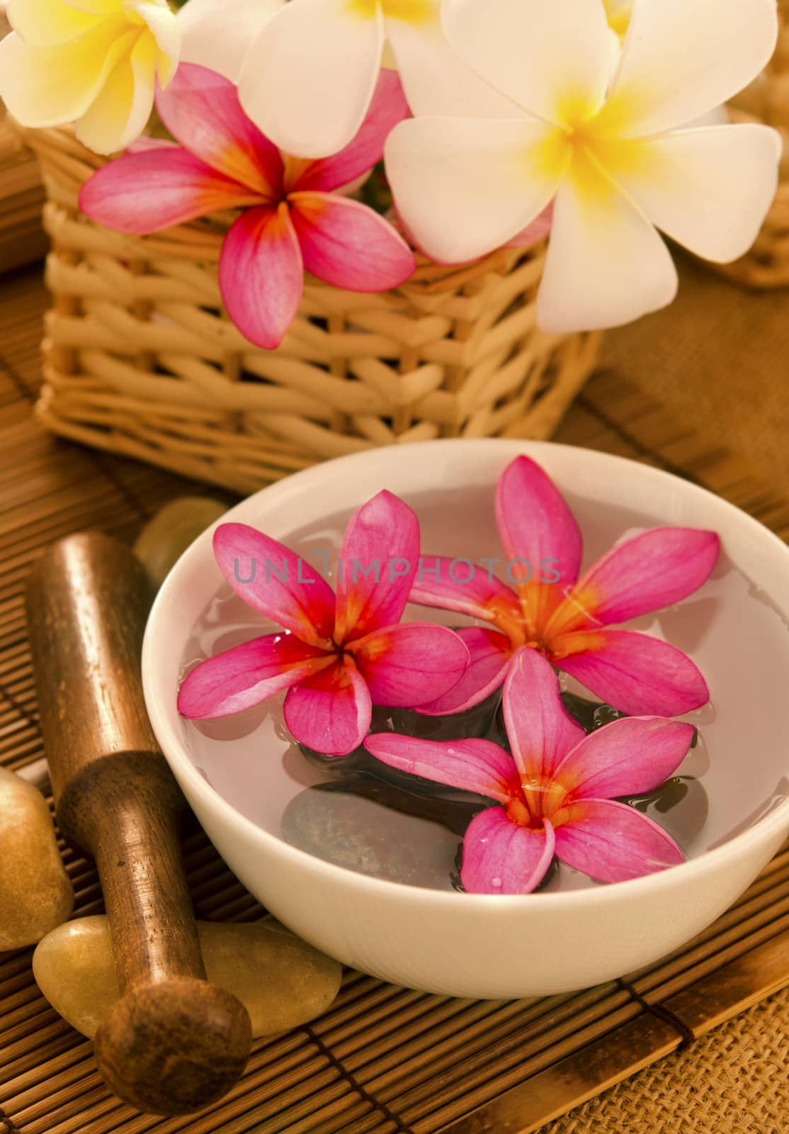 Tropical spa with Frangipani flowers on water. Low lighting, suitable for spa related theme.