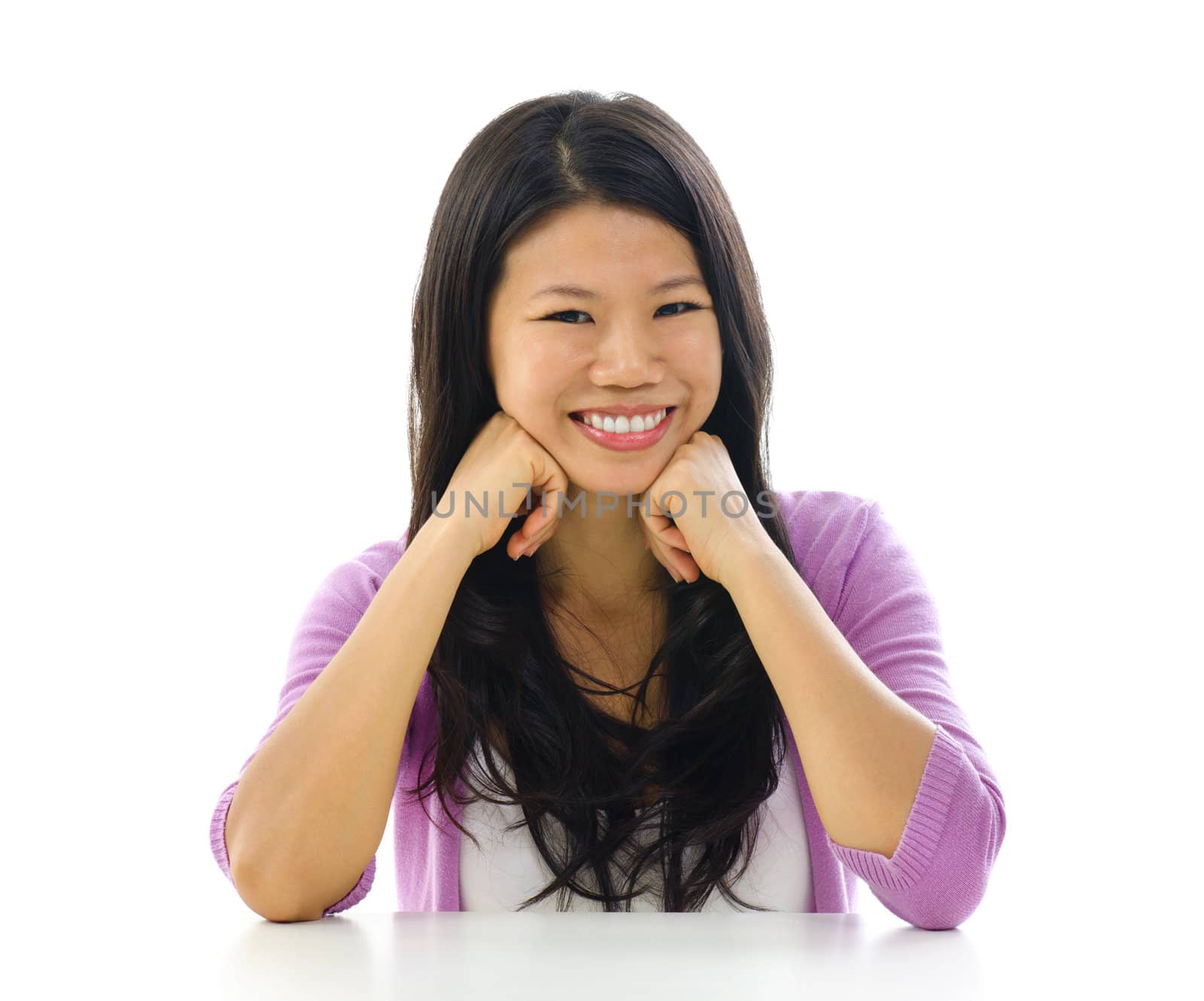 Portrait of cheerful Asian woman over white background