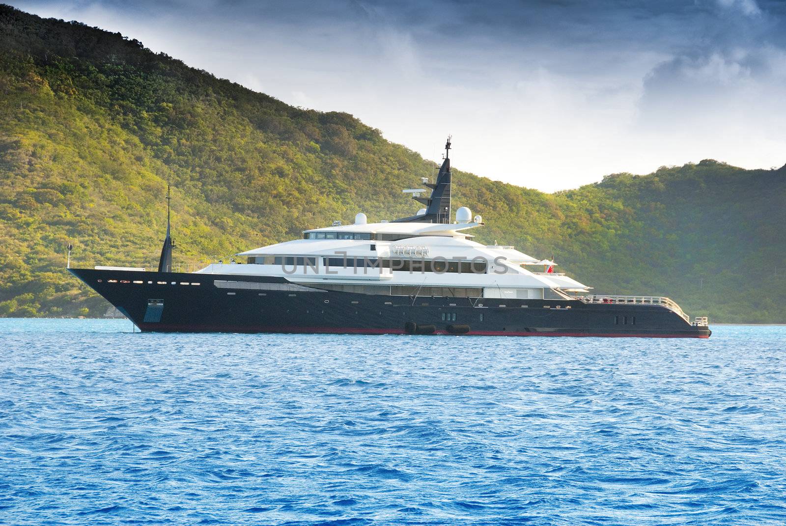 Luxury yacht at anchor in the caribbean BVI islands