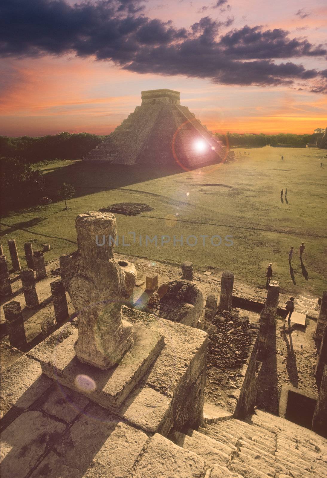 Sunset view of stepped pyramid temple of Chichen Itza, Mexico