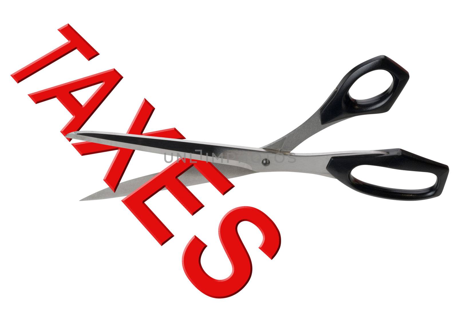 Tax cuts symbolized by scissors cutting the word taxes in red, isolated with clipping path