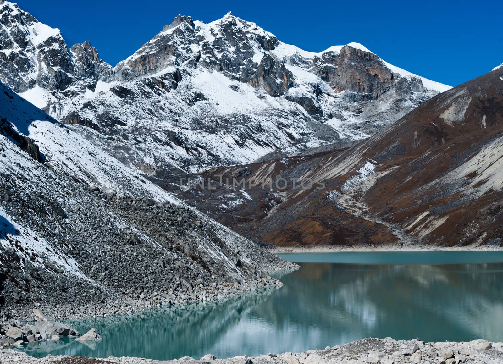 Sacred Lake and mountain peaks near Gokyo in Himalayas. Captured in Nepal