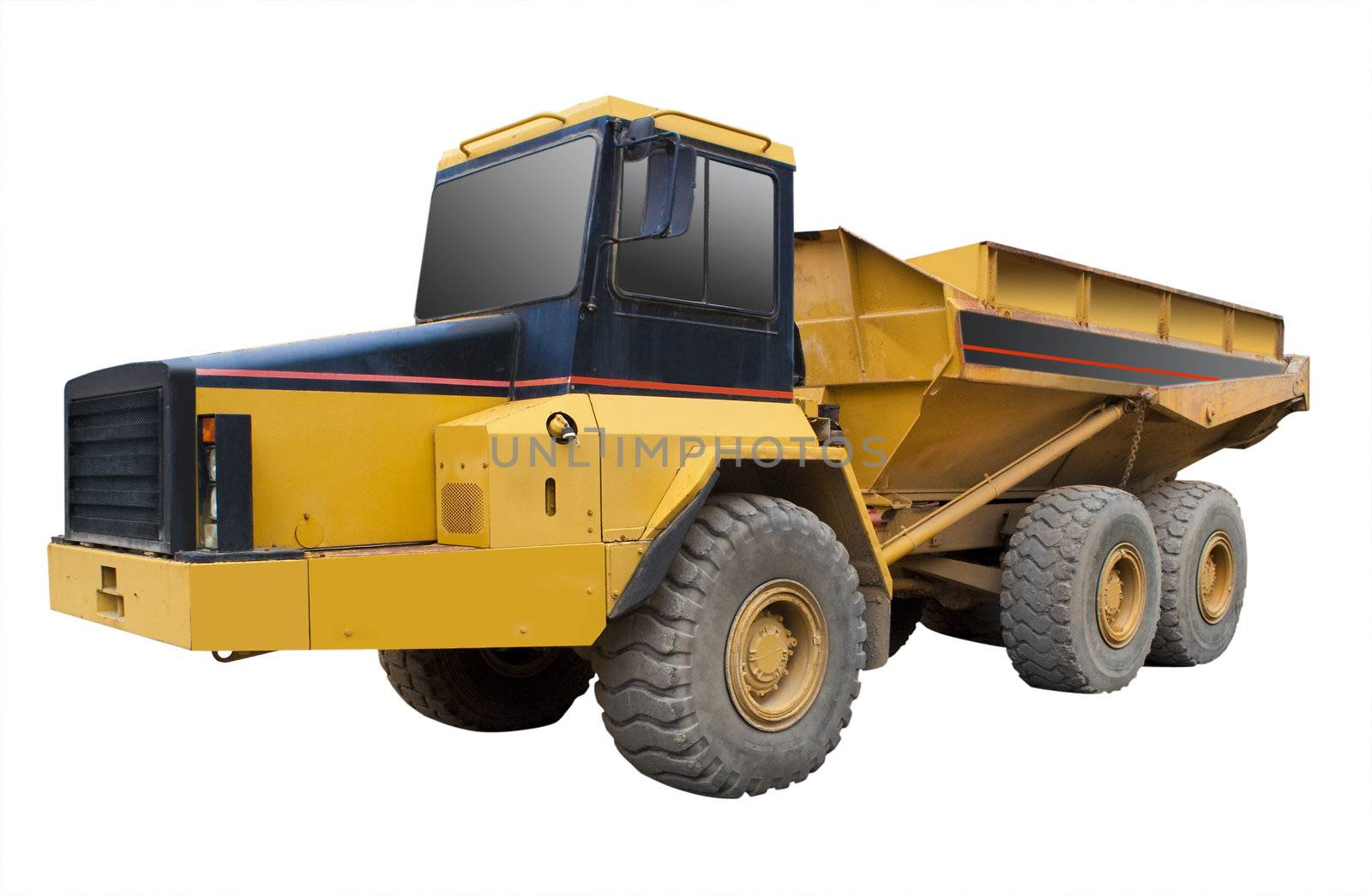 Big, yellow excavation truck on white, isolated