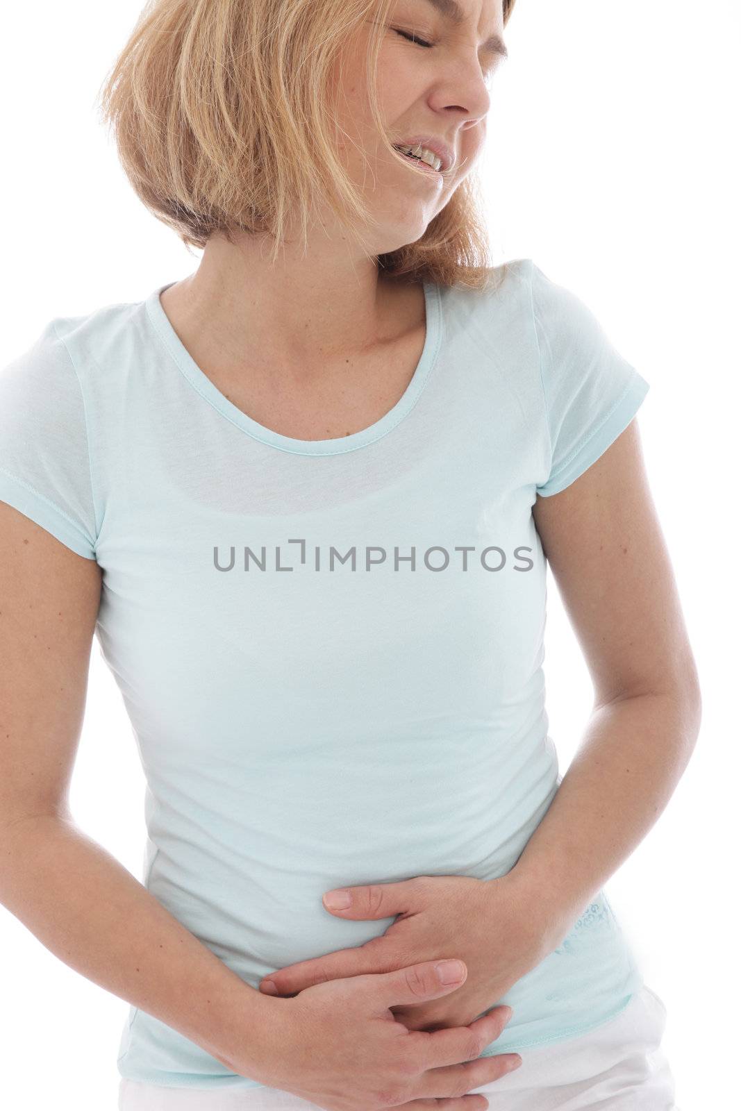 Woman holding her stomach in pain by Farina6000