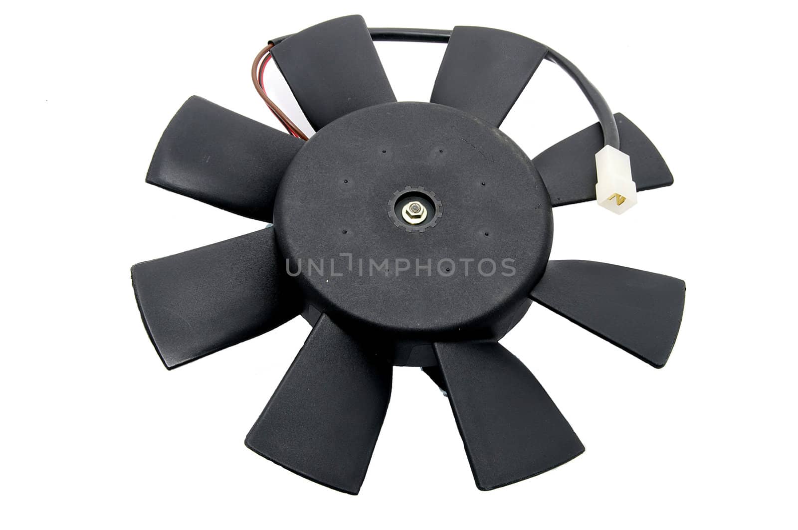 Plastic electrical fan motor on a white background