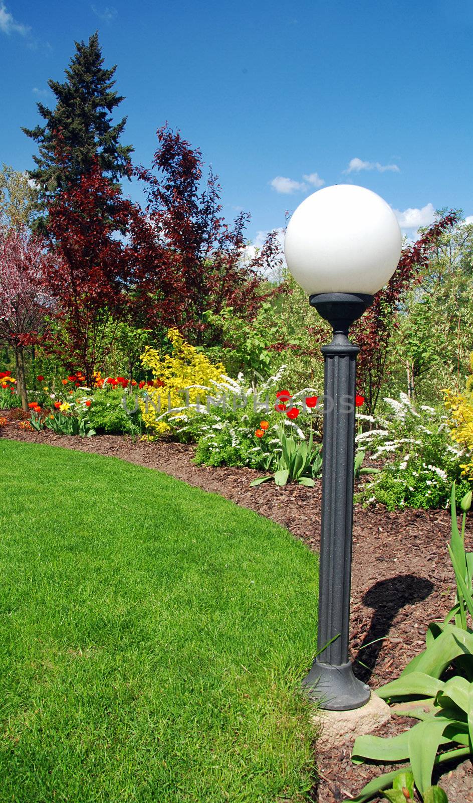 Beautiful spring garden with lamp and blue sky