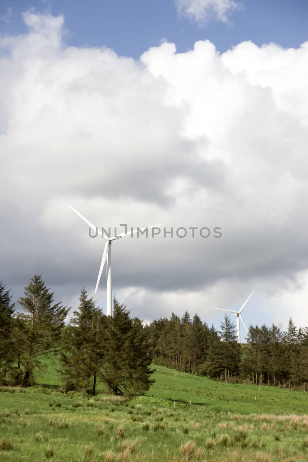 view of windmills in green Irish countryside by morrbyte