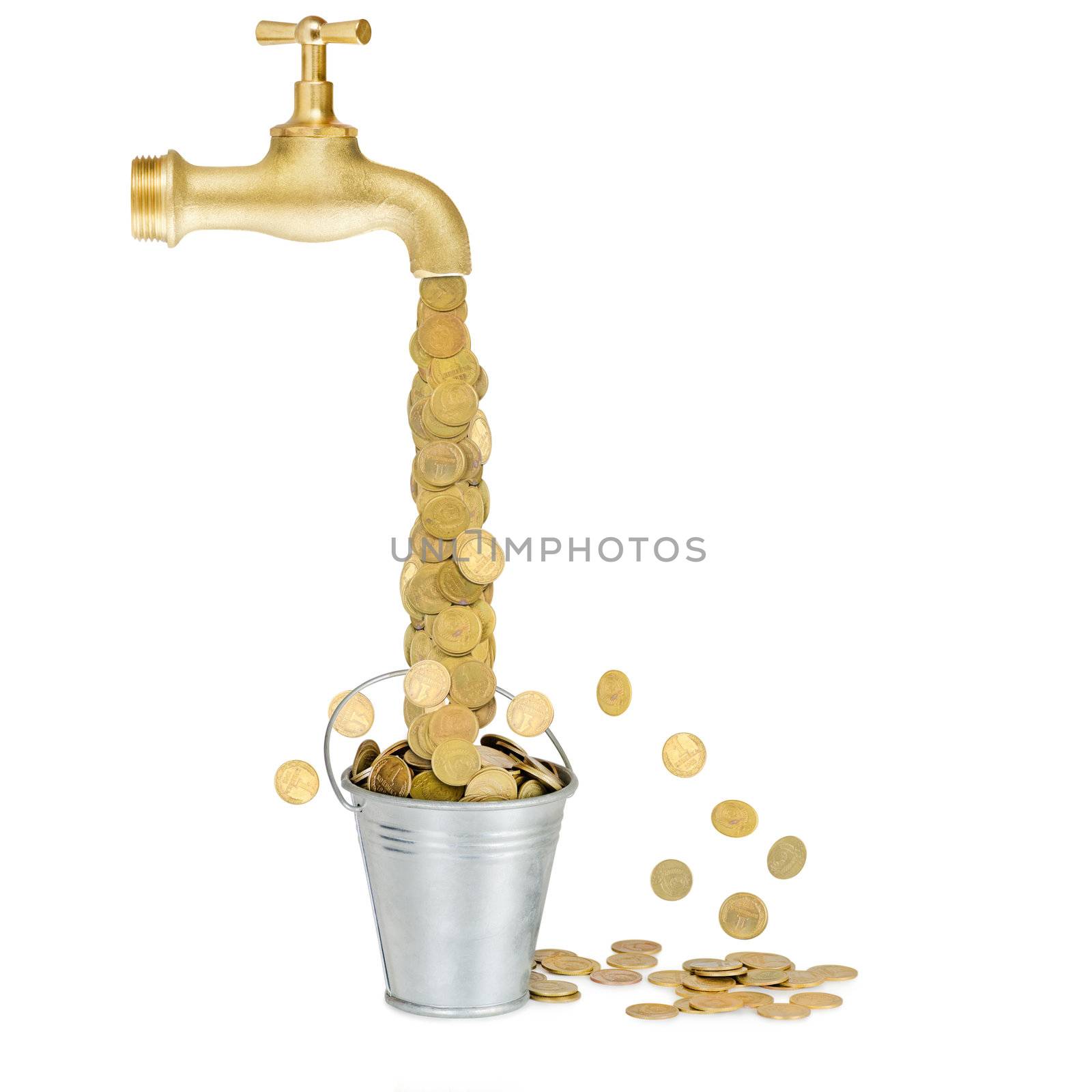 small coins flowing into a bucket from the tap