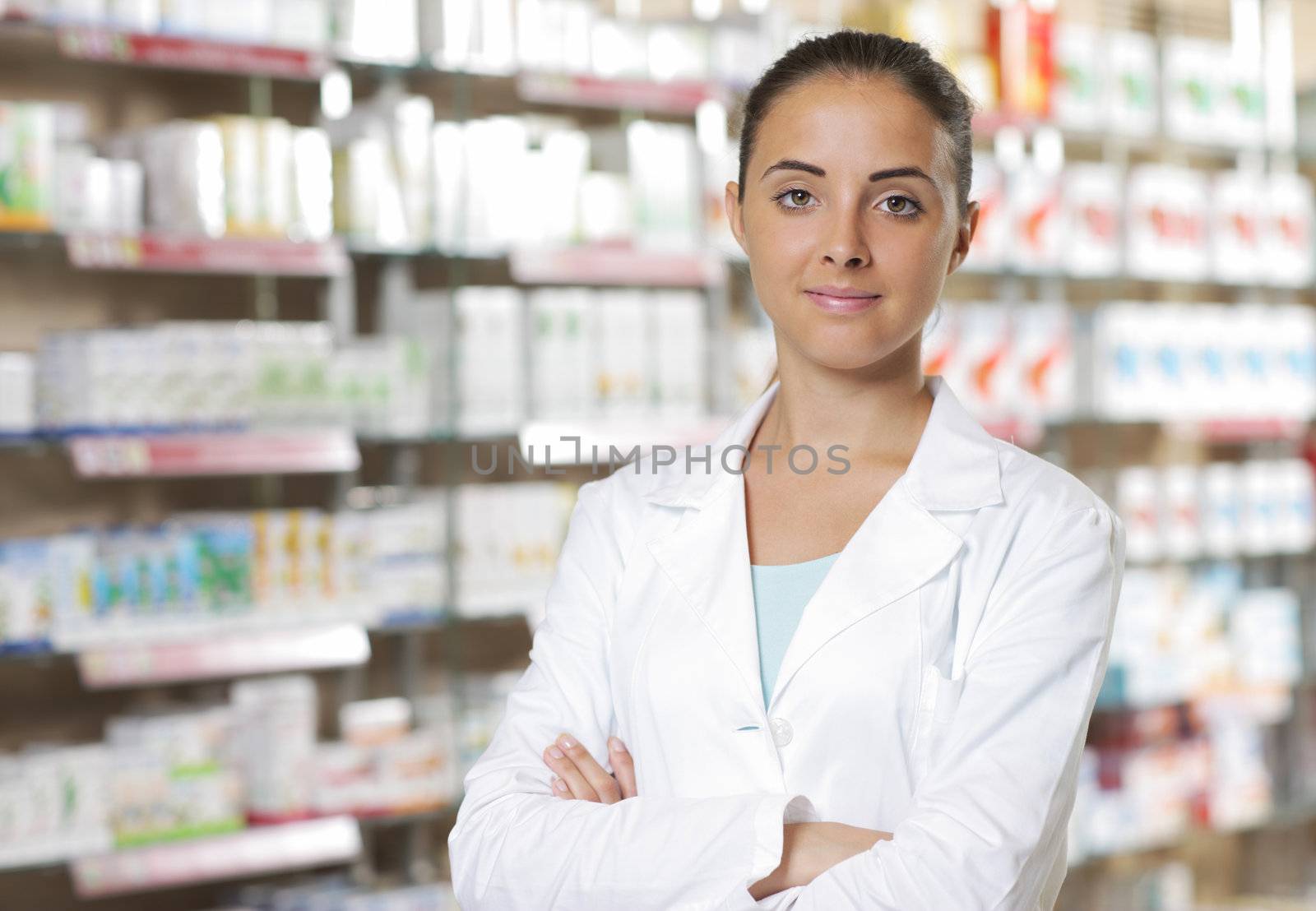 Environmental Portrait of a medical personnel, or doctor in pharmacy