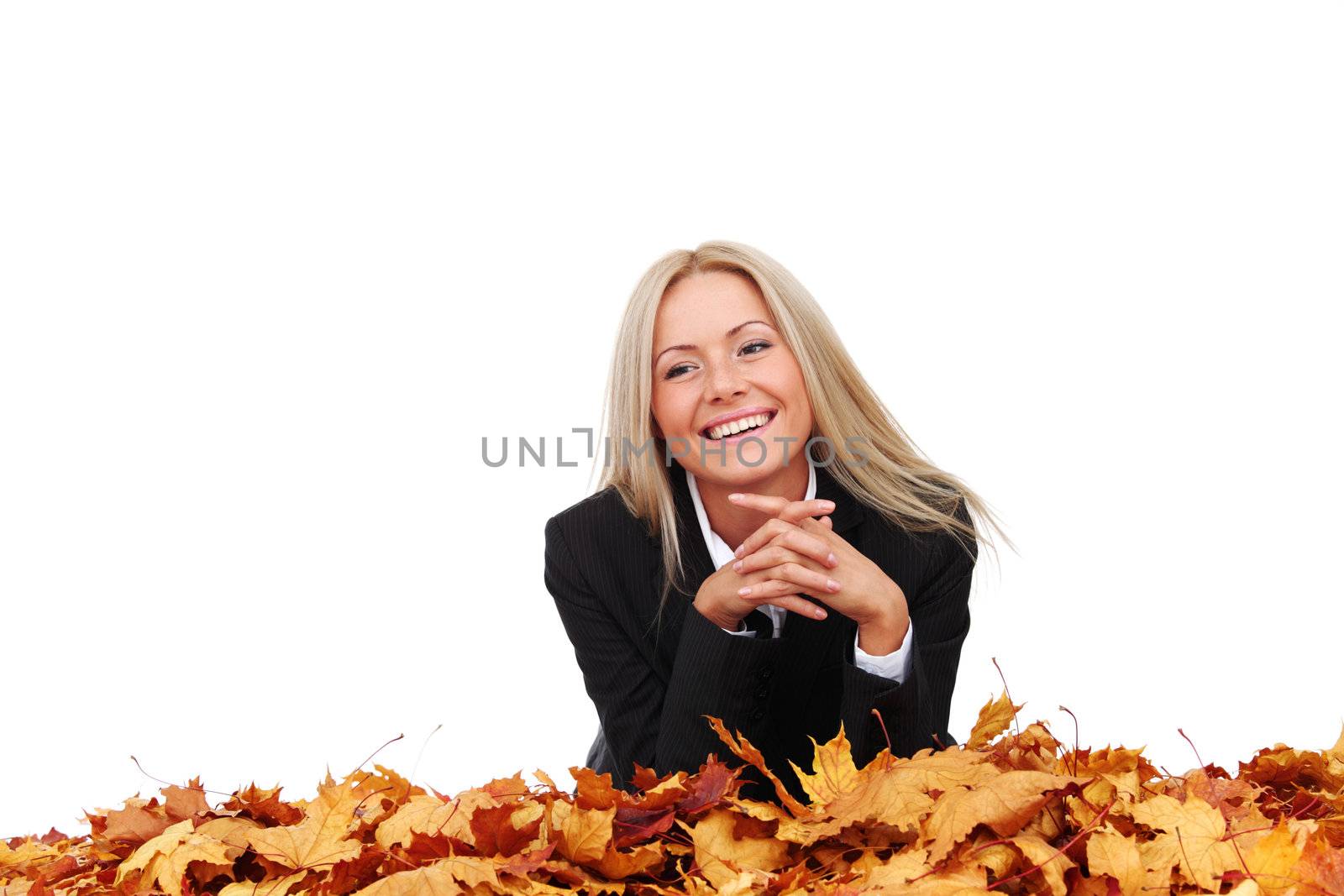studio portrait of autumn business woman in  yellow leaves