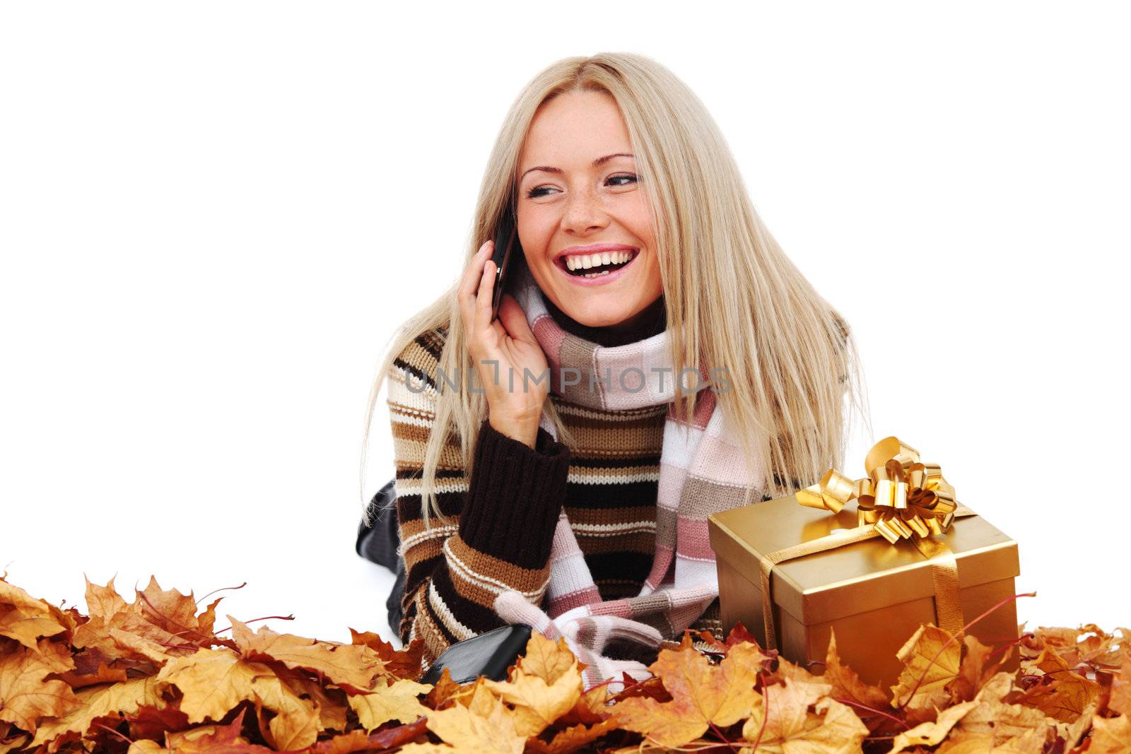  woman take autumn gift isolated in studio