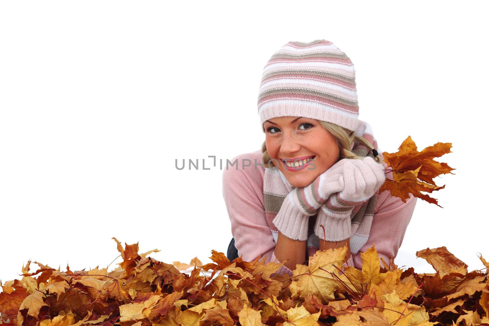  studio portrait of autumn woman in  yellow leaves