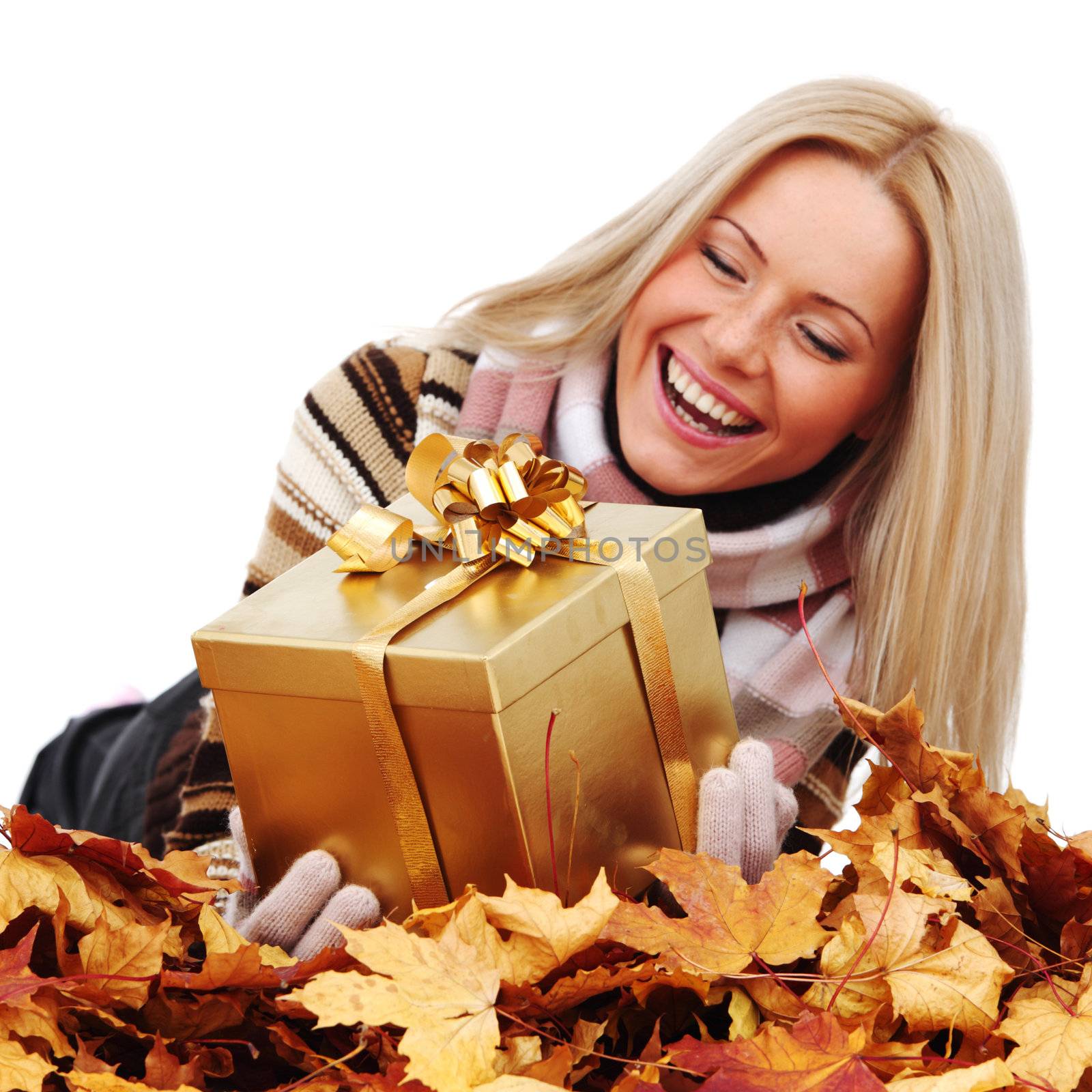  woman take autumn gift isolated in studio