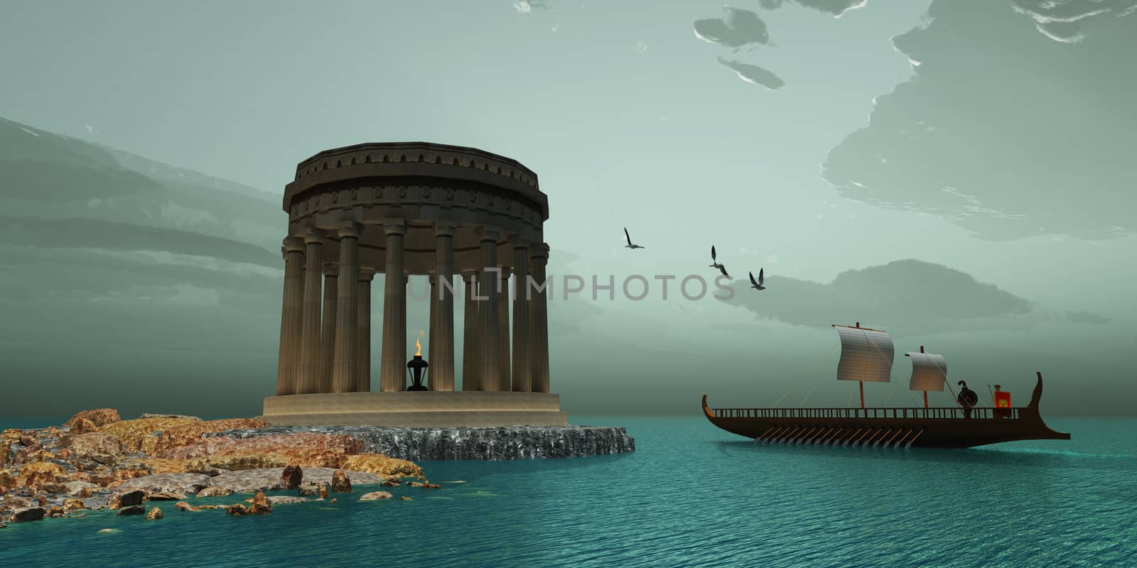 A ship passes close to a  beautiful Greek temple on the coast of this island.