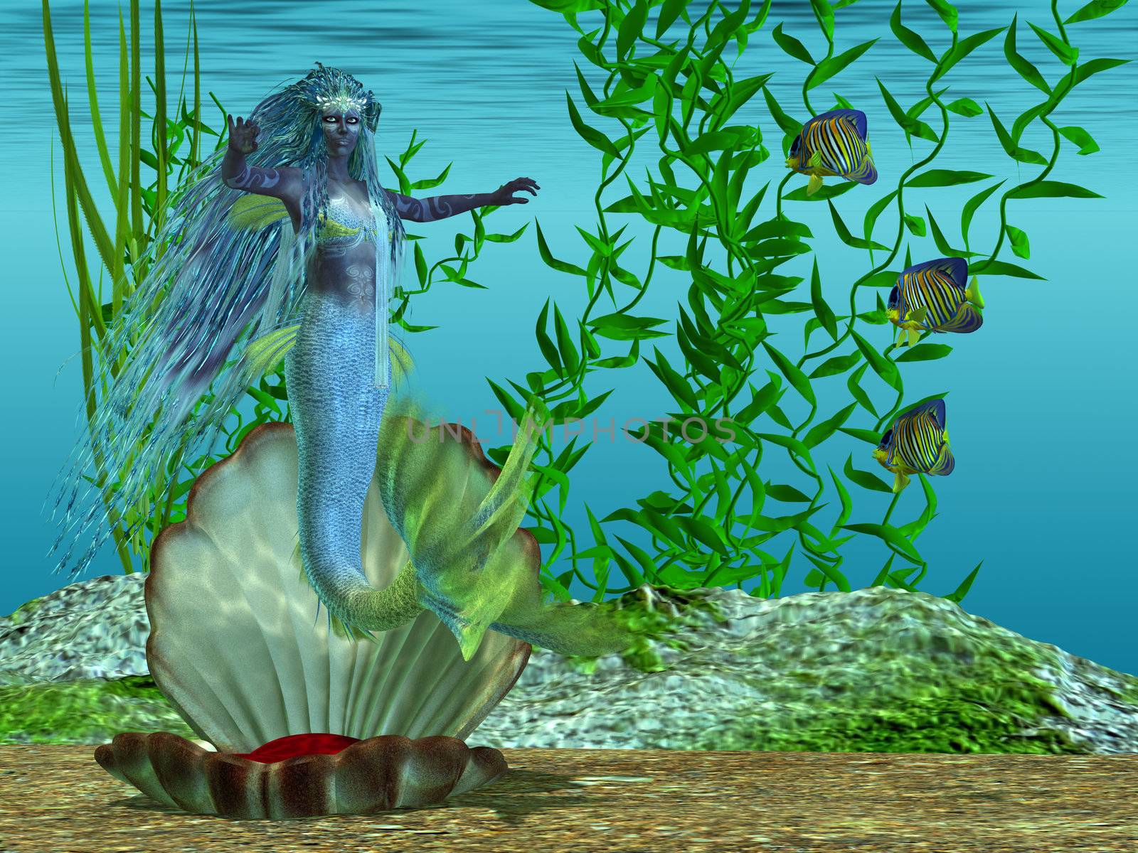 A beautiful blue mermaid arises for her shell bed in the morning under the sea.