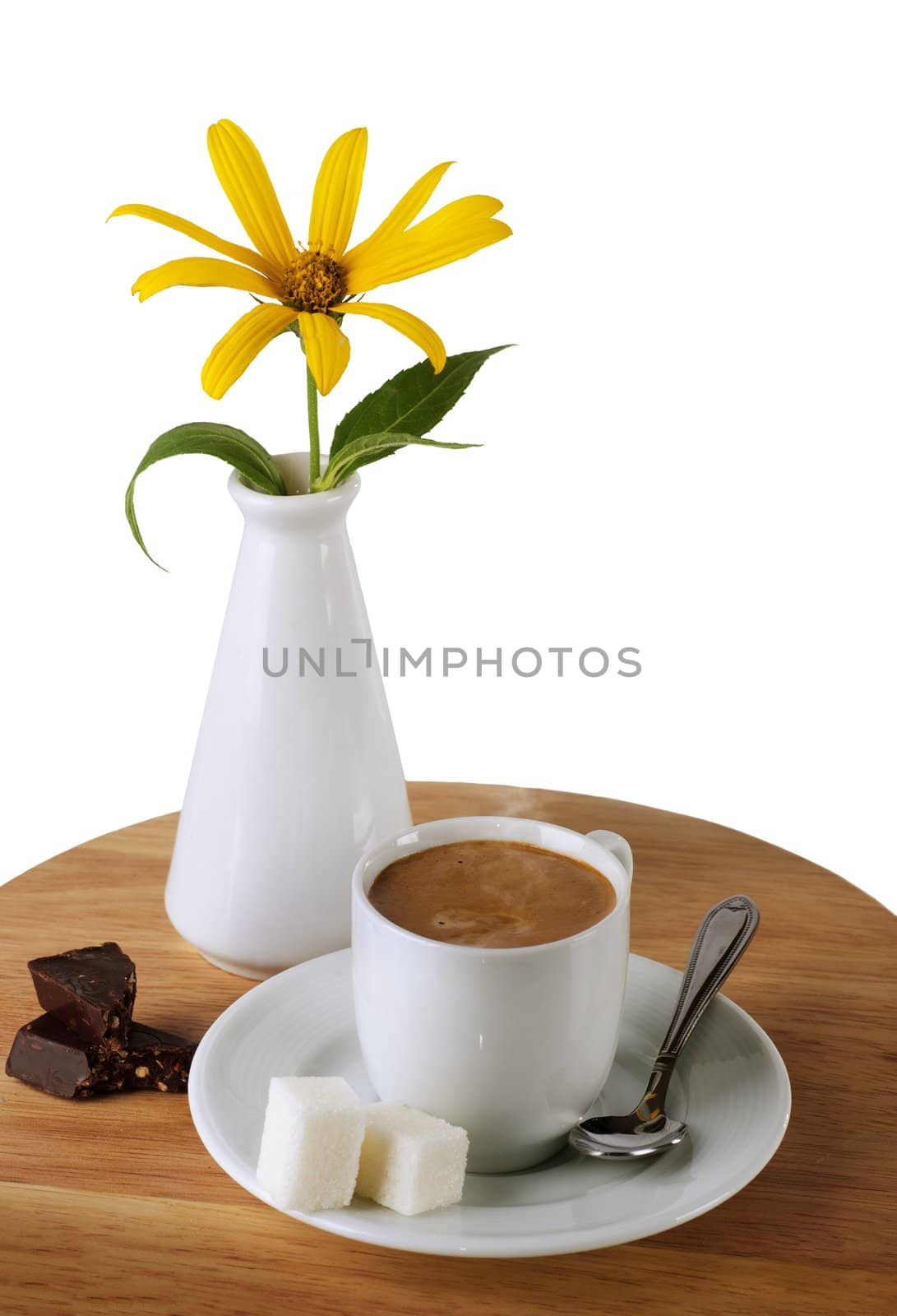Coffee cup and Chocolate ,sugar   and flower isolated.on white