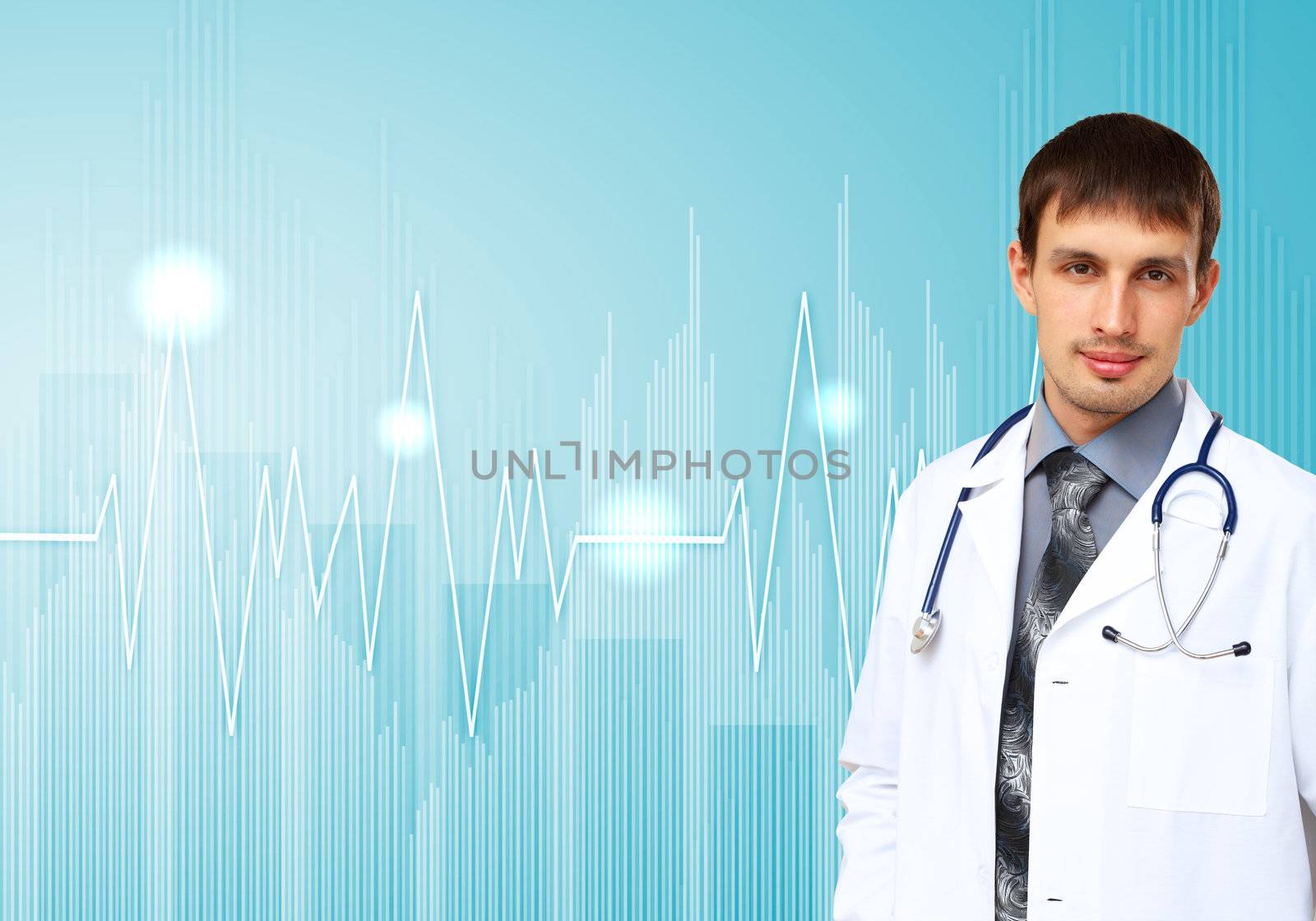 Young doctor in white uniform against technology background