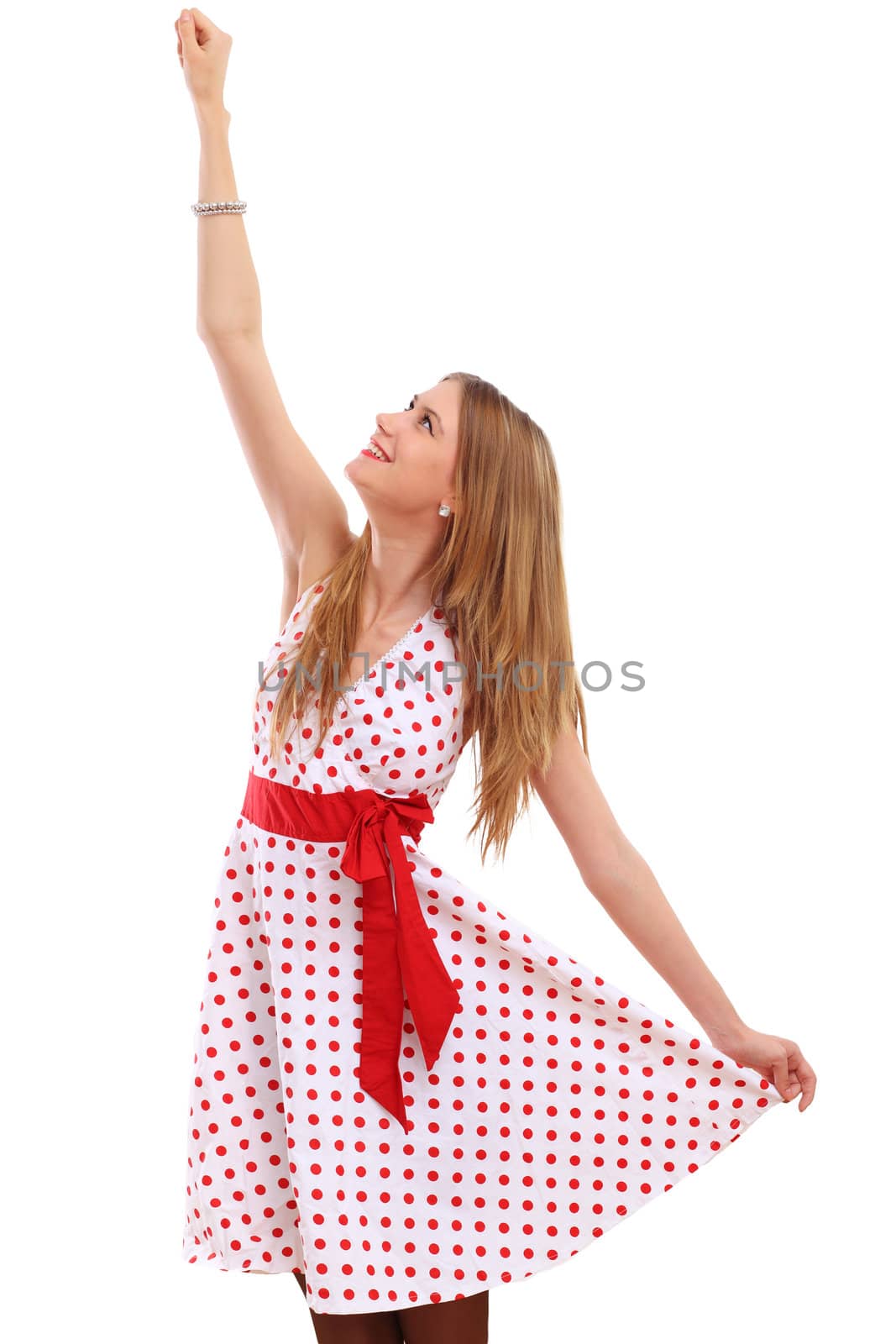 Beautiful young blond woman in red dress