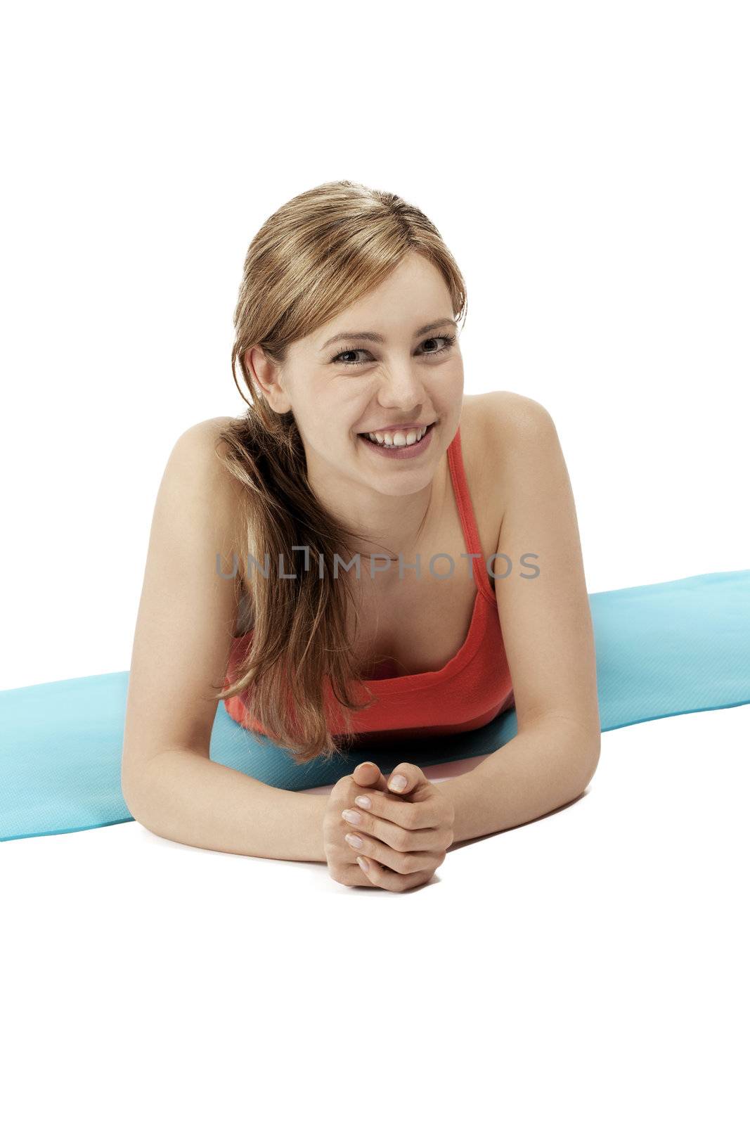 cute fitness woman making a break on white background