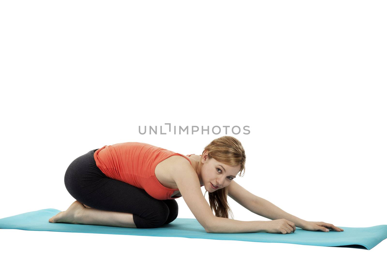 young exercising happy fitness woman on white background