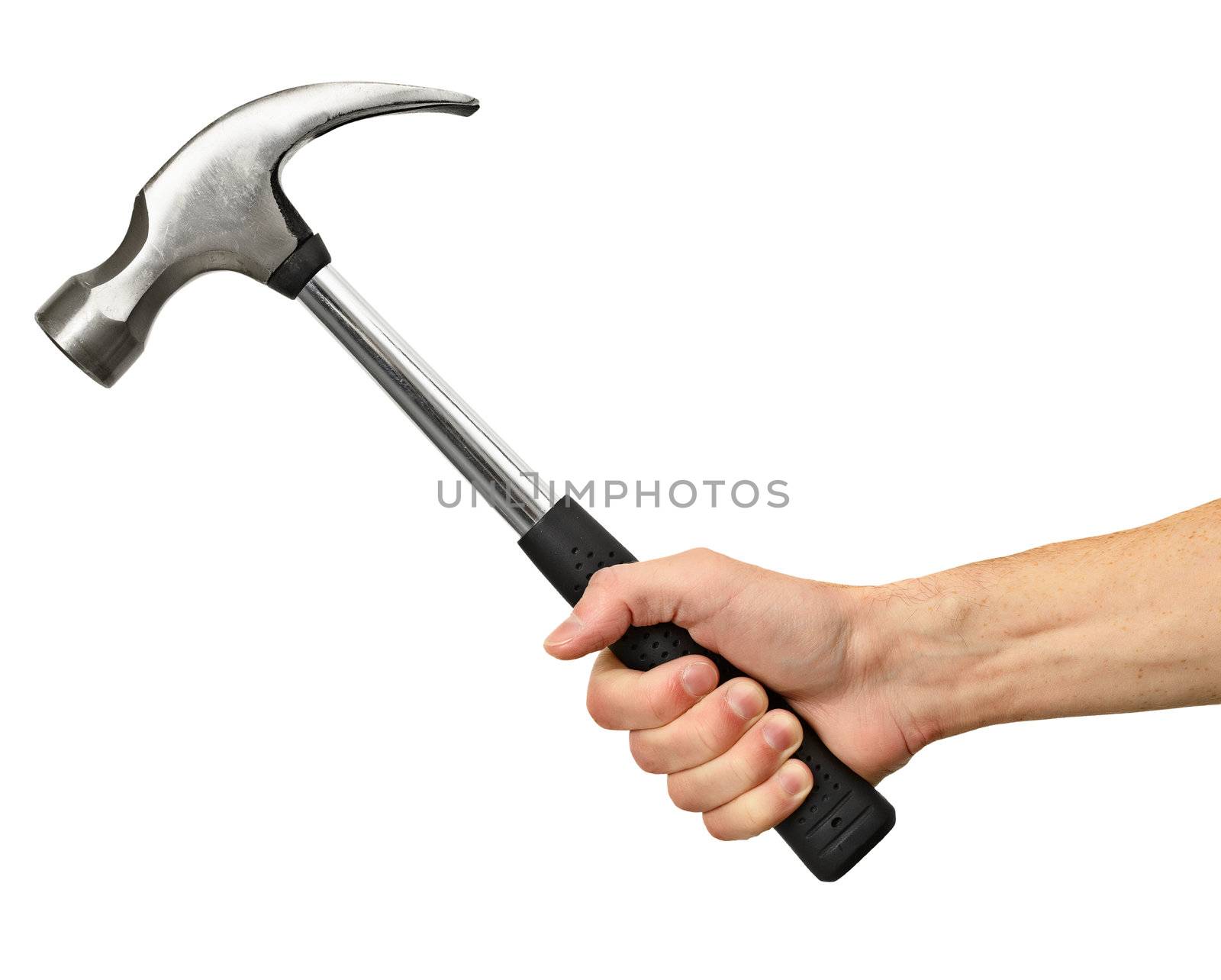 Big hammer in hand isolated on white background