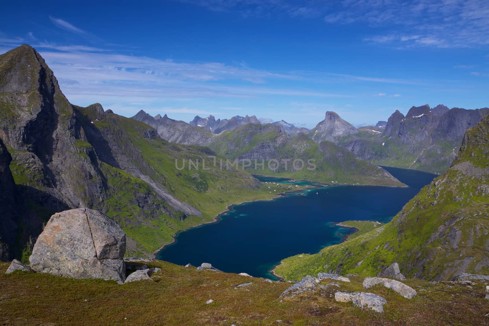 Scenic view of fjord on Lofoten Islands in Norway with dramatic mountain peaks towering above the sea