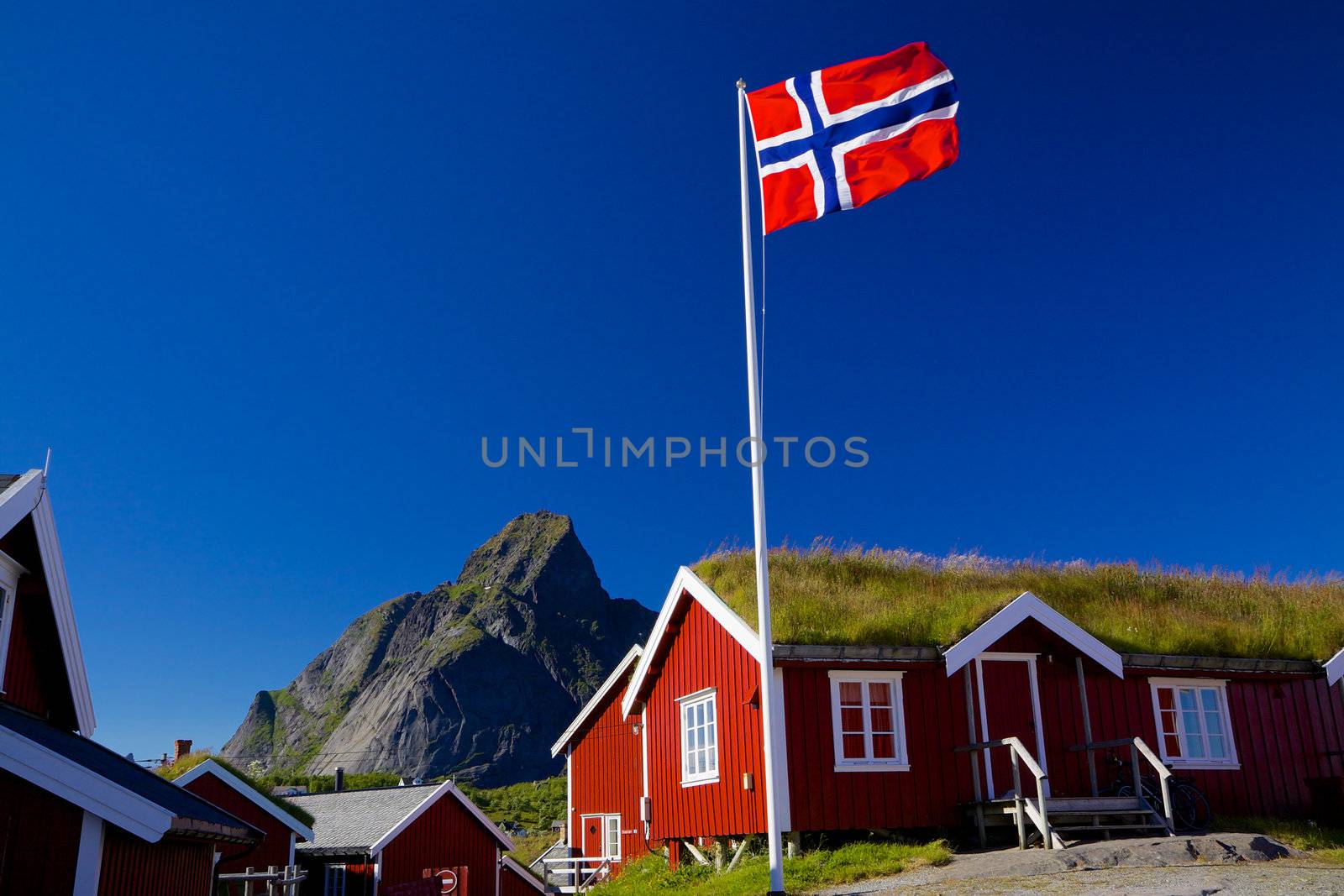 Norwegian flag with typical norwegian red wooden house with sod roof on Lofoten islands