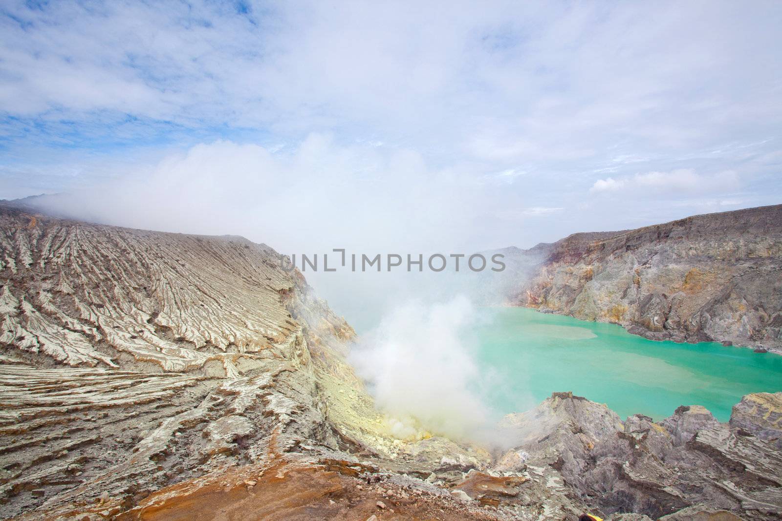 Lake and  Sulfur Mine at Khawa Ijen Volcano Crater Java Island Indonesia