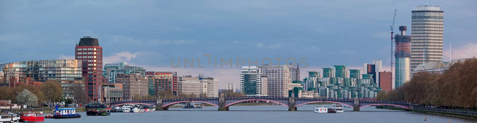 Panorama of London Skylines Skyscrapers along River thames England UK