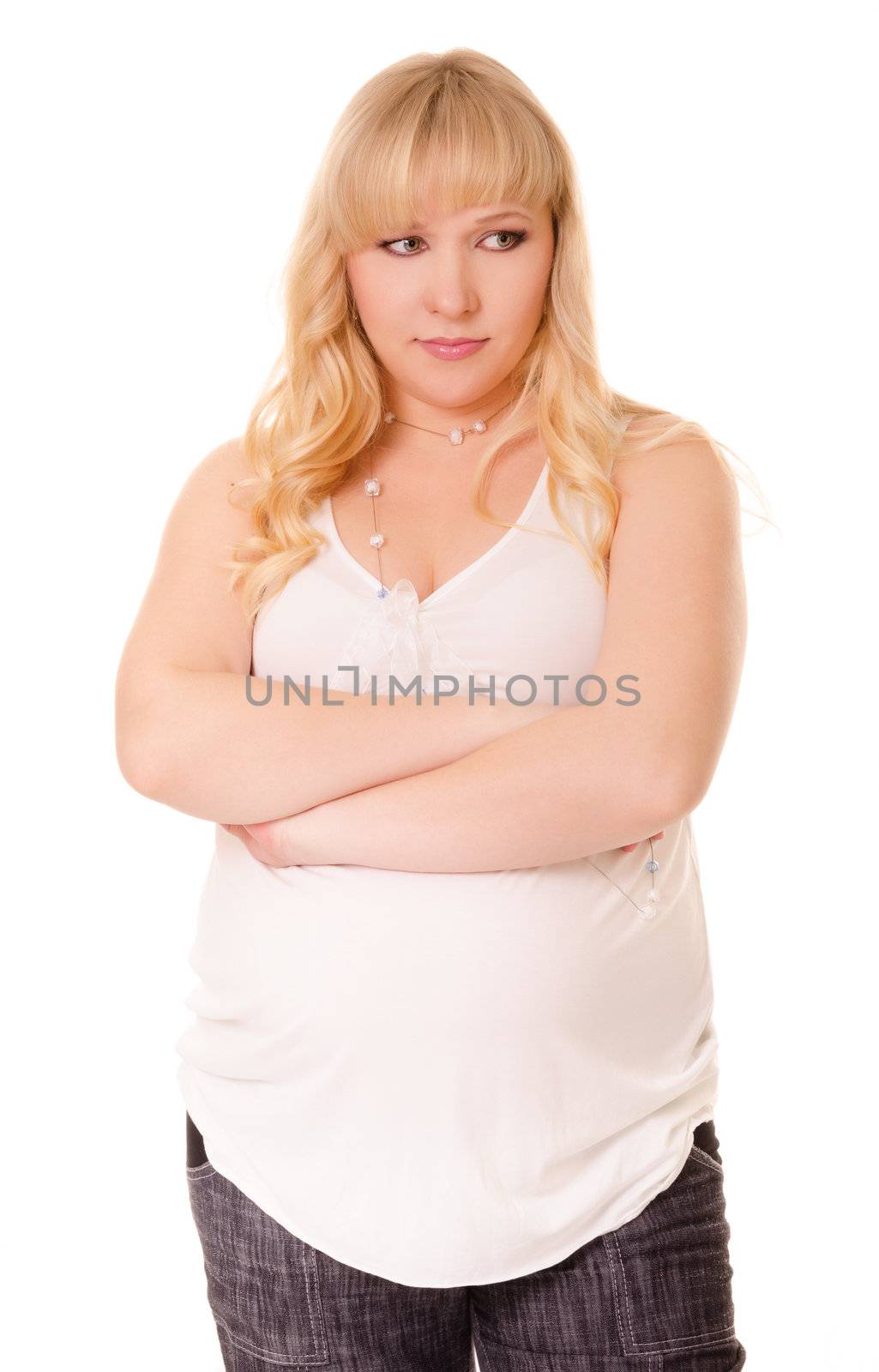 Serious pregnant woman isolated on white background