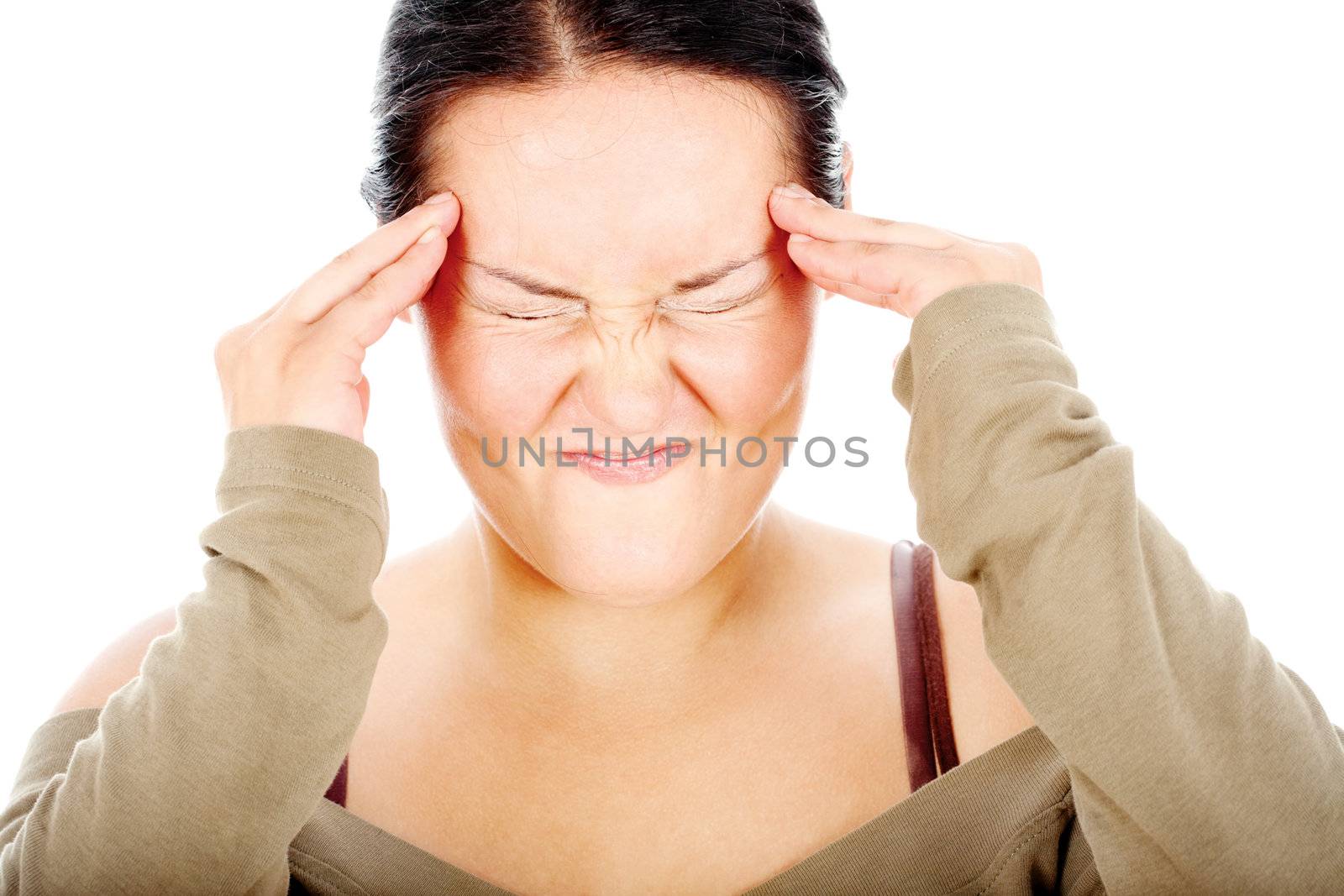 chubby woman have headache, isolated on white