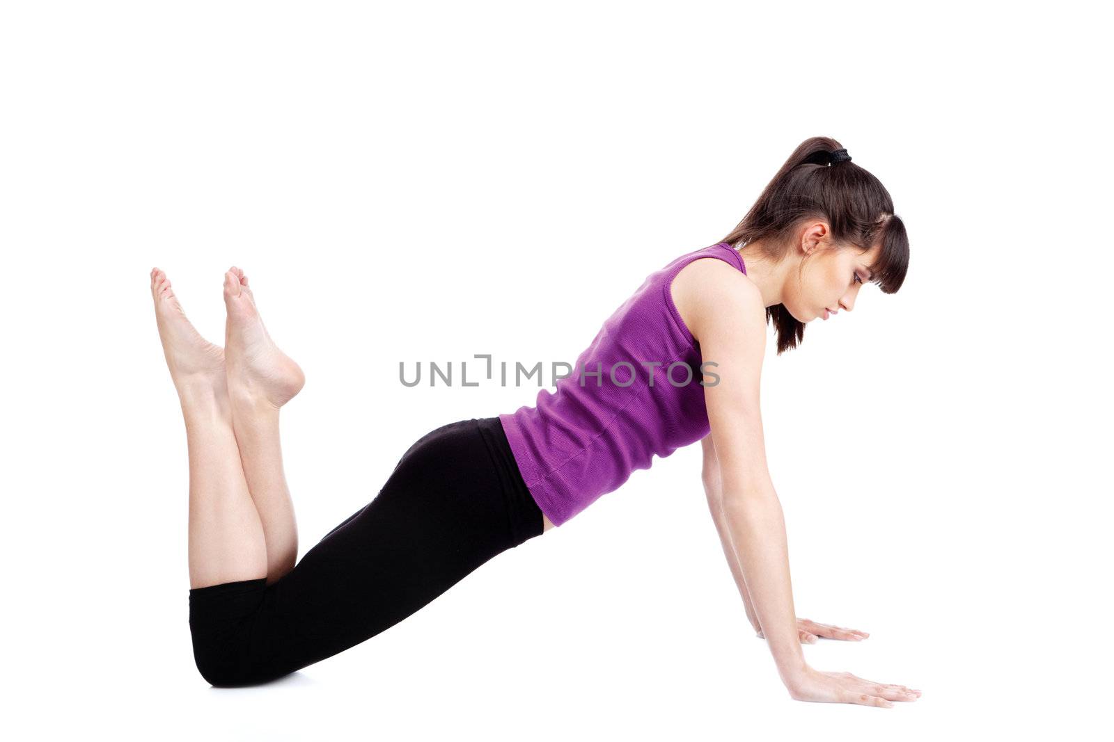 Young woman doing fitness exercises, isolated on white