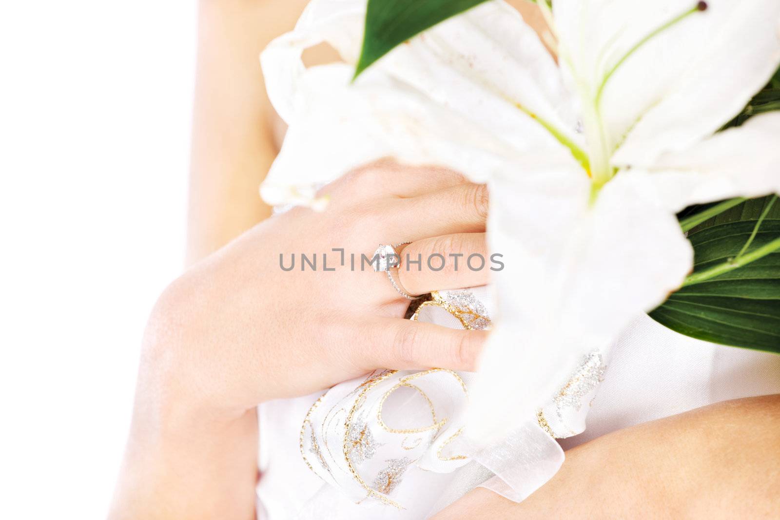 wedding ring on a woman's finger, isolated on white