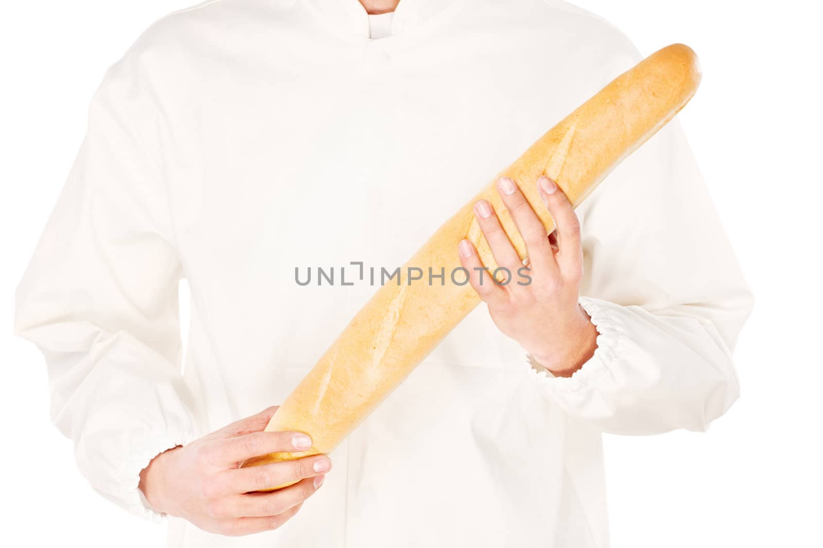 baguette in a hands of a backer, isolated on white