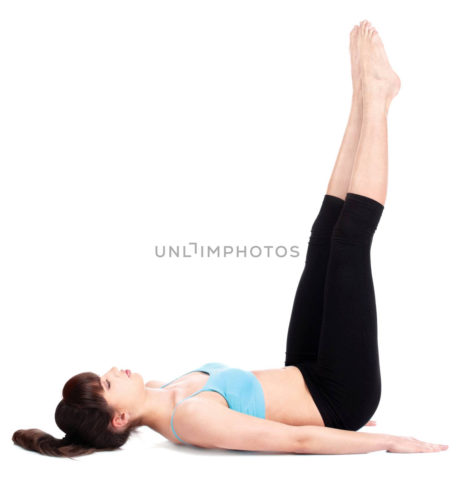 Young woman doing fitness exercises, isolated on white