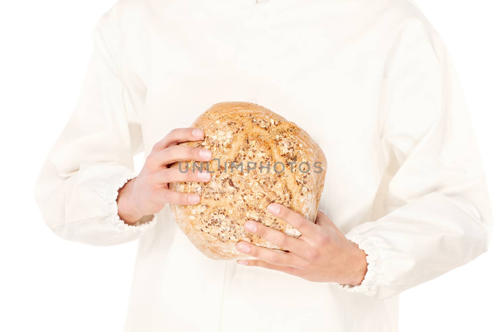 bread in a hands of a backer, isolated on white