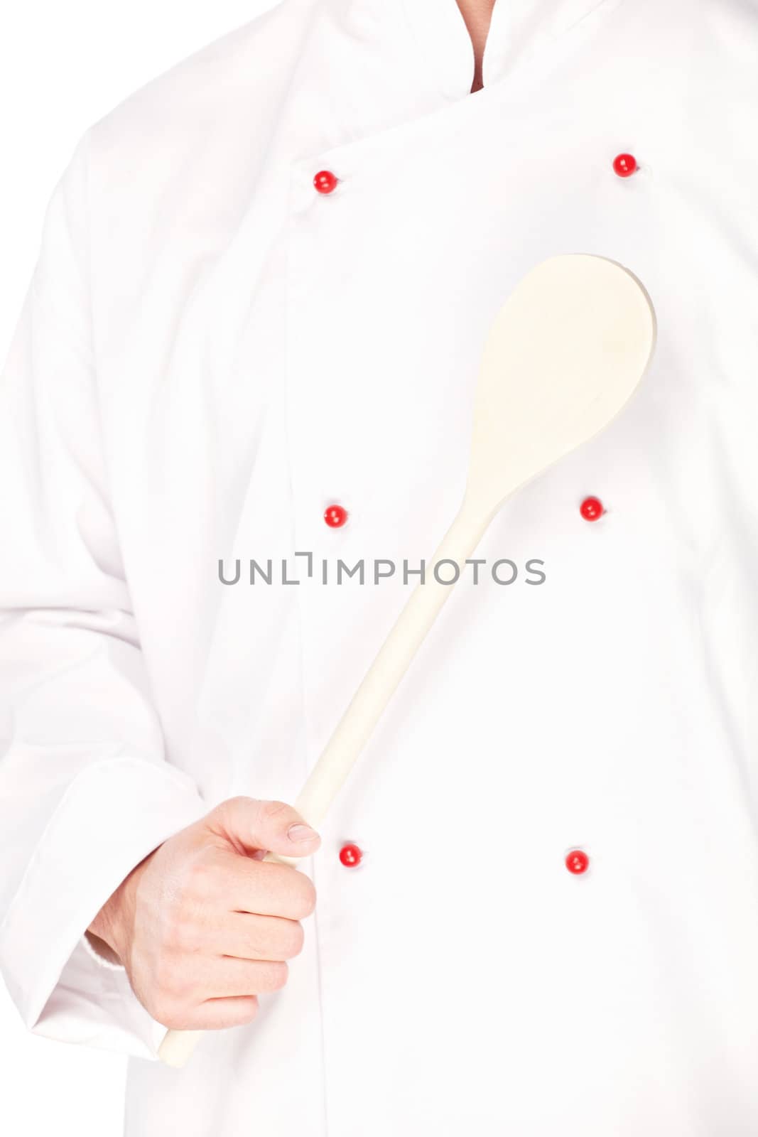 Male chef holding mixing spoon, isolated on white