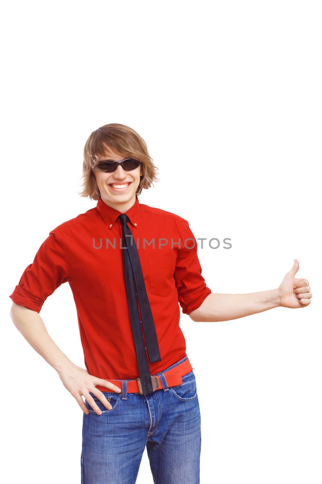 Happy handsome man showing thumbs up and white blank banner