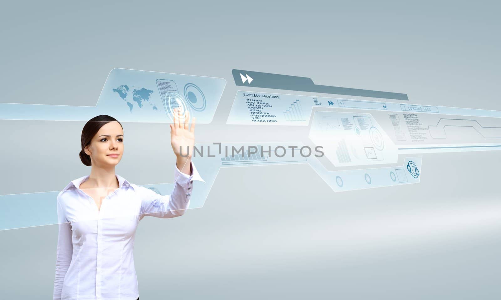 Young woman in business wear working with digital touch screen