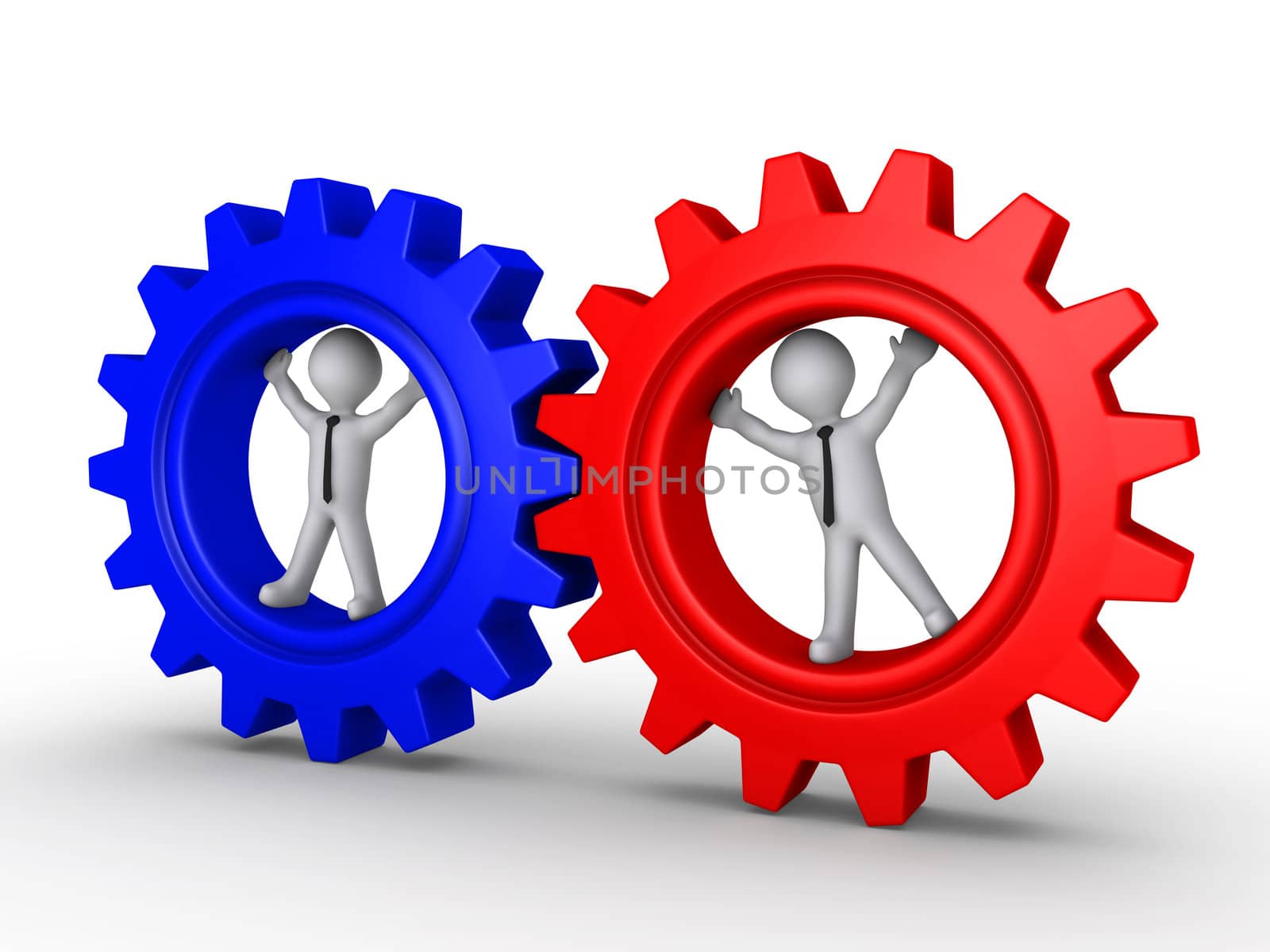 Two 3d businessmen inside different cogwheels