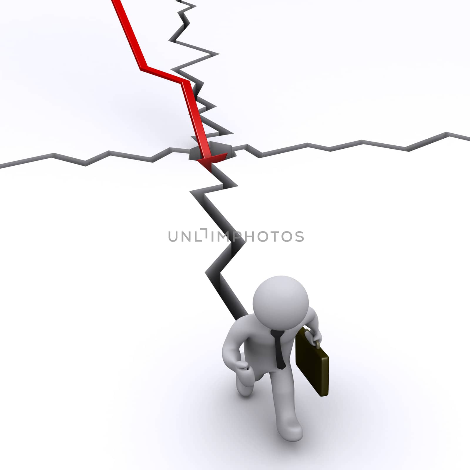 3d businessman running away of crack made by graph