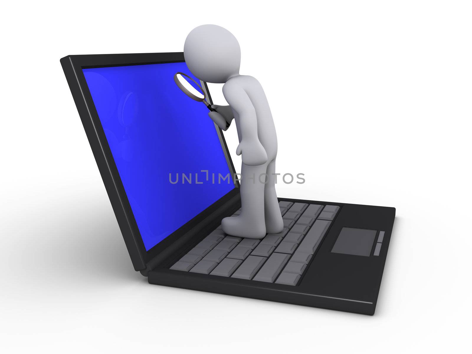 3d person with magnifier standing on a laptop